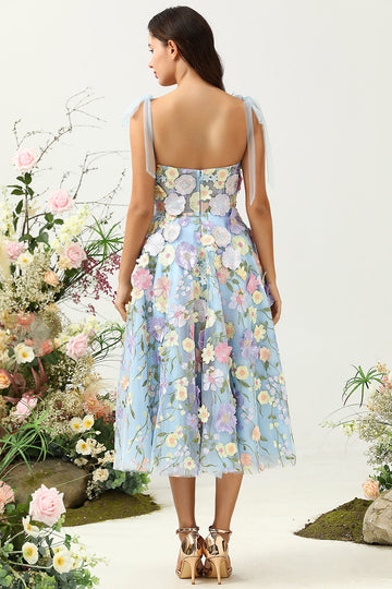 Cute A Line Spaghetti stropper blå te lengde Prom kjole med 3D-blomster